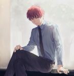  1boy akashi_seijuurou arm_support black_necktie black_pants book collared_shirt crossed_legs feet_out_of_frame hand_on_own_knee kuroko_no_basuke long_sleeves looking_at_viewer male_focus necktie pants parted_lips pon52io red_eyes red_hair shirt white_shirt 