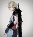  1boy belt blonde_hair blue_eyes blue_gloves blue_pants blue_sweater buster_sword cloud_strife elbow_gloves expressionless final_fantasy final_fantasy_vii final_fantasy_vii_remake from_side gloves gradient_background grey_background hand_up kometani00syumi male_focus multiple_belts pants short_hair sleeveless sleeveless_sweater sleeveless_turtleneck solo suspenders sweater sword sword_on_back turtleneck turtleneck_sweater upper_body weapon weapon_on_back 