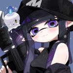  1girl :3 black_hair black_headwear blue_background blue_fire closed_mouth ear_piercing eyelashes fire gradient_hair gun hat highres holding holding_gun holding_weapon inkling inkling_girl inkling_player_character jewelry litwick long_hair looking_at_viewer multicolored_hair necklace octoshot_(splatoon) piercing pointy_ears pokemon print_headwear purple_eyes purple_hair shirt simple_background sleeveless sleeveless_shirt smile splatoon_(series) star_(symbol) tentacle_hair turtleneck_shirt two-tone_hair upper_body weapon yellow_eyes yomeniwan 