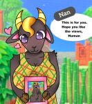 absurd_res animal_crossing anthro anykoe blonde_hair blush bovid breasts butt caprine female floating_hearts genitals goat hair hi_res horn looking_at_viewer mammal nan_(animal_crossing) nintendo photo pussy smile smiling_at_viewer solo speech_bubble text
