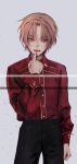  1boy akatsuki_no_yona bad_id bad_twitter_id black_pants blonde_hair buttons fangs grey_background hair_between_eyes hand_on_own_chin highres long_sleeves looking_to_the_side male_focus pants parted_bangs red_eyes red_shirt shirt shirt_tucked_in short_hair simple_background solo yona_hyeon yoon_(akatsuki_no_yona) 