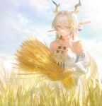  1girl absurdres antlers arknights bare_shoulders blonde_hair blue_hair branch breasts cloud colored_skin day dress earrings green_eyes guang_quan hair_between_eyes hair_ornament hair_stick highres holding_wheat horns jewelry light_smile long_hair long_sleeves looking_at_viewer outdoors pointy_ears shu_(arknights) sky small_breasts solo tassel tassel_earrings very_long_hair wheat_field white_dress white_hair 