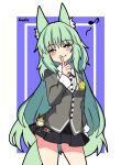  1girl :q absurdres animal_ear_fluff animal_ears arknights arm_at_side black_skirt blush border buttons cardigan cat_ears cat_girl cat_tail center_frills closed_mouth collared_shirt contrapposto cowboy_shot dot_nose eighth_note finger_to_mouth frilled_shirt frills green_eyes green_hair grey_cardigan harmonie_(arknights) head_tilt hendra highres index_finger_raised legs_apart long_sleeves miniskirt musical_note pleated_skirt purple_background school_uniform shirt signature simple_background skirt smile solo tail thighs tongue tongue_out white_border white_shirt wispy_bangs 