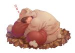  04sora40 1boy animal_ears bear_ears bear_pajamas beard bone brown_hair closed_eyes commentary dakimakura_(object) facial_hair food hood leaf leaf_pile male_focus meat original pajamas pillow sleeping white_background zzz 