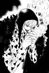  1boy burning burning_clothes chief_(chiefvinsmoke) commentary_request donquixote_rocinante feather_coat fire heart heart_print highres hood lighting_cigarette lipstick long_sleeves looking_at_viewer makeup male_focus monochrome one_piece shirt short_hair smoking solo 