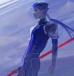  1boy armor beads blue_background blue_hair bodysuit closed_mouth cu_chulainn_(caster)_(fate) cu_chulainn_(fate) drop_earrings earrings fate/stay_night fate_(series) from_side gae_bolg_(fate) hair_beads hair_ornament holding holding_polearm holding_weapon jewelry long_hair male_focus pauldrons polearm ponytail red_eyes short_hair shoulder_armor solo spear spiked_hair standing ubwmitekure weapon 