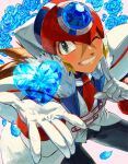  1boy armor axl_(mega_man) black_pants blue_flower blue_rose blush cairngorm999 cross_scar crystal flower forehead_jewel from_above fur_trim heart heart_in_eye highres jacket looking_at_viewer looking_up mega_man_(series) mega_man_x_(series) mega_man_x_dive necktie official_alternate_costume one_eye_closed pants red_headwear rose scar scar_on_face shoulder_armor solo symbol_in_eye valentine white_jacket 