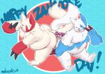 2024 absurd_res anthro belly big_belly biped blue_body blue_nose butt duo generation_3_pokemon hi_res mangolynx navel nintendo one_eye_closed overweight pink_nose pokemon pokemon_(species) red_body shiny_pokemon text tongue tongue_out white_body wink zangoose zangoose_day