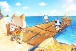 4others bag beach blue_sky bucket cat character_request commentary_request day felyne fish fishing fishing_rod hat highres holding holding_bucket holding_fishing_rod horizon monster_hunter_(series) multiple_others o_o ocean pier renta_(deja-vu) rice_hat seashell shell sky sun waving 