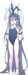  1girl absurdly_long_hair animal_ears aqua_halo aris_(blue_archive) armpit_peek armpits arms_up baggy_clothes bare_legs black_hair black_leotard blue_archive blue_eyes breasts cameltoe collar commentary covered_navel detached_collar double-parted_bangs double_v fake_animal_ears hair_between_eyes hair_tie hair_tie_in_mouth halo highleg highres jacket leotard long_hair long_hair_between_eyes long_sleeves looking_at_viewer mouth_hold one_side_up playboy_bunny rabbit_ears rectangular_halo ribbon ribbon_in_mouth ringed_eyes s10021 shoes simple_background small_breasts sneakers socks solo standing v very_long_hair white_background white_collar white_footwear white_jacket 