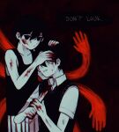 2boys bare_arms black_eyes black_hair black_shorts black_sweater_vest black_tank_top blood blood_on_arm blood_on_face blood_on_hands blood_on_knife clenched_teeth closed_mouth collarbone collared_shirt colored_skin crying dual_persona english_text extra_arms hair_behind_ear hair_between_eyes hands_on_another&#039;s_head highres holding holding_knife imminent_suicide knife looking_at_viewer multiple_boys no_pupils omo_taru omori omori_(omori) shirt short_hair short_sleeves shorts striped_clothes striped_shorts sunny_(omori) sweater_vest tank_top teeth vertical-striped_clothes vertical-striped_shorts white_shirt white_shorts white_skin 