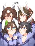  4girls animal_ears arms_around_neck black_hair blue_eyes brown_hair chinese_zodiac ear_covers hair_ornament hairclip highres holding_another&#039;s_arm horse_ears hug katsuragi_ace_(umamusume) long_hair long_sleeves looking_at_another mr._c.b._(umamusume) multicolored_hair multiple_girls omotil purple_eyes purple_shirt red_eyes shirt short_hair simple_background sirius_symboli_(umamusume) streaked_hair sweatdrop symboli_rudolf_(umamusume) umamusume upper_body v-shaped_eyebrows white_background year_of_the_rabbit 