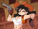  1girl bare_shoulders black_hair bracelet breasts brown_gloves brown_vest cigarette cleavage cowboy_hat crop_top cropped_vest derivative_work final_fantasy final_fantasy_vii final_fantasy_vii_rebirth final_fantasy_vii_remake gloves gun half-closed_eyes handgun hat holding holding_gun holding_weapon jewelry juicyartz large_breasts leather_vest long_hair looney_tunes navel official_alternate_costume orange_headwear red_eyes saloon scene_reference shirt signature skindentation solo tifa_lockhart tifa_lockhart_(cowgirl) vest weapon white_shirt 