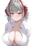  1girl absurdres ahoge antennae arknights breasts cleavage collared_shirt dinosaurus_(azimangasaurus) grey_hair highres horns large_breasts looking_at_viewer medium_hair parted_lips red_eyes shirt simple_background solo sweat upper_body w_(arknights) white_background white_shirt 