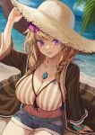  1girl absurdres aqua_nails arknights beach blonde_hair braid breasts cleavage eyewear_on_head feet_out_of_frame hat highres jewelry large_breasts looking_at_viewer necklace ocean okashira2ki outdoors purple_eyes short_shorts shorts sitting smile solo sun_hat utage_(arknights) utage_(summer_flowers)_(arknights) 