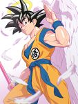  1boy angel_wings black_eyes black_hair commentary dougi dragon_ball dragon_ball_z english_commentary feathers halo looking_at_viewer male_focus mixed-language_commentary muscular muscular_male salute short_hair solo son_goku wings yellow_halo yonezawa_mao 