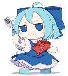  1girl absurdres ahoge blue_bow blue_dress blue_eyes blue_footwear blue_hair blush_stickers bow cirno closed_mouth collared_shirt dress fairy fork full_body fumo_(doll) hair_between_eyes hair_bow highres holding holding_fork ice ice_wings kame_(kamepan44231) pinafore_dress shirt shoes short_hair short_sleeves simple_background sleeveless sleeveless_dress solo standing touhou white_background white_shirt wings 