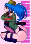  ass beret blue_eyes blue_hair boots breasts character_name choker dytm eyepatch green_jacket hat highres jacket large_breasts leona_heidern ponytail sideboob signature sitting snk_heroines:_tag_team_frenzy soldier the_king_of_fighters thong underboob 