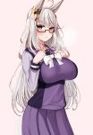  1girl ahoge animal_ears arm_up biwa_hayahide_(umamusume) bow bowtie breasts chestnut_mouth commentary_request cowboy_shot crown ear_ribbon frills glasses grey_hair highres horse_ears horse_girl horse_tail horseshoe_ornament large_breasts long_hair long_sleeves looking_at_viewer mini_crown miniskirt open_mouth parted_lips pleated_skirt puffy_sleeves purple_bow purple_shirt purple_skirt red-framed_eyewear sailor_collar sailor_shirt school_uniform semi-rimless_eyewear shirt sidelocks simple_background skindentation skirt solo tail tf_cafe tracen_school_uniform umamusume under-rim_eyewear unworn_eyewear very_long_hair white_background winter_uniform zettai_ryouiki 