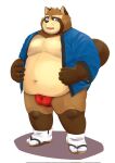  2022 anthro asian_clothing belly blue_eyes brown_body brown_fur bulge canid canine clothing east_asian_clothing footwear fundoshi fur hamagiato hi_res humanoid_hands japanese_clothing kemono male mammal moobs navel nipples overweight overweight_male raccoon_dog red_clothing red_fundoshi red_underwear sandals simple_background solo tanuki underwear 