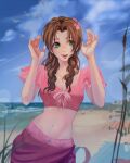  1girl aerith_gainsborough aerith_gainsborough_(floral_delight) beach blurry blurry_background blurry_foreground breasts brown_hair cleavage cloud_strife crop_top final_fantasy final_fantasy_vii final_fantasy_vii_rebirth final_fantasy_vii_remake flower frilled_sleeves frills grass green_eyes groin hair_flower hair_ornament hands_up highres long_hair looking_to_the_side medium_breasts midriff navel official_alternate_costume open_mouth outdoors parted_bangs pink_flower pink_shirt pink_skirt raven_daze shirt sidelocks skirt smile solo 