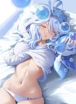  1girl absurdres blue_hair breasts closed_eyes commentary_request furina_(genshin_impact) genshin_impact highres hood hoodie large_breasts long_hair long_sleeves midriff navel panties parted_lips qiyuan_yingluo sleeping stomach underwear white_panties 