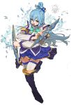  1girl :d absurdres aqua_(konosuba) b9_(rrrqqq) bare_shoulders black_footwear blue_eyes blue_hair blue_skirt blush boots bow bowtie chibi chibi_inset detached_sleeves full_body green_bow green_bowtie hair_between_eyes hair_ornament hair_rings hand_fan highres holding kono_subarashii_sekai_ni_shukufuku_wo! long_hair looking_at_viewer open_mouth simple_background single_hair_ring skirt smile solo standing standing_on_one_leg thighhighs thighhighs_under_boots water white_background white_thighhighs 