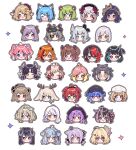  6+girls absurdres ahoge akane_canna akane_canna_(2nd_costume) amaui and_uge animal_ears animal_on_head antlers baseball_cap beret bird bird_on_head black_hair black_headwear blonde_hair blue_eyes blunt_bangs bob_cut bow braid brown_eyes brown_hair brown_headwear brown_horns capybara_ears capybara_girl chibi closed_mouth commentary_request curled_horns demon_girl demon_horns dog_ears double_bun earrings everyone eyepatch fake_animal_ears fang fang_out glasses gradient_hair green_eyes green_hair grey_bow grey_hair grey_horns hair_between_eyes hair_bow hair_bun hair_ornament hairclip halo hat head_only headphones hebiyoi_tier hebiyoi_tier_(1st_costume) highres hinata_mashu hinokuma_ran hira_hikari hood hood_up horns ieiri_popo ieiri_popo_(2nd_costume) ina_uruu inaba_haneru_(animare) jewelry kanade_kanon kazami_kuku kino_haruc kisaki_anko kohaku_yuri kohaku_yuri_(2nd_costume) kojo_anna kojo_anna_(3rd_costume) konan_mia konan_mia_(2nd_costume) light_brown_hair long_bangs looking_at_viewer maid_headdress medium_bangs monocle multicolored_hair multiple_girls nanashi_inc. nurse_cap oinomori_may oinomori_may_(1st_costume) on_head one_eye_closed open_mouth orange_hair oura_rukako oura_rukako_(2nd_costume) pink-tinted_eyewear pink_hair pointy_ears purple_eyes purple_hair red_hair rimless_eyewear ryugasaki_rene ryugasaki_rene_(3rd_costume) saionji_mary sekishiro_mico seshima_rui shimamura_charlotte shishio_chris shishio_chris_(3rd_costume) shisui_kiki shisui_kiki_(2nd_costume) short_hair simple_background sleep_mask smile souya_ichika souya_ichika_(5th_costume) streaked_hair suou_patra suzumi_nemo suzumi_nemo_(2nd_costume) tinted_eyewear touri_sei touri_sei_(2nd_costume) tsukinoki_tirol twintails v-shaped_eyebrows virtual_youtuber white_background white_headwear white_hood yunohara_izumi 