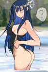  1girl ? absurdres ass blue_archive blue_eyes blue_hair blue_halo blush colored_inner_hair competition_swimsuit gambaru_unagi halo highleg highres multicolored_hair one-piece_swimsuit saori_(blue_archive) sleeveless sleeveless_turtleneck solo speech_bubble swimsuit tan turtleneck wedgie 