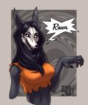 anthro big_breasts black_hair bone breasts canid clothed clothing dialogue female hair hi_res long_hair malo mammal scp-1471 scp-1471-a scp_foundation skull skull_head solo speech_bubble theart_10 torn_clothing
