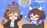  2girls :d ^_^ animal_ears arm_up black_jacket blue_background blush brown_background chibi closed_eyes daitaku_helios_(umamusume) disco_ball fang gomashio_(goma_feet) gradient_background hair_ornament hairclip horse_ears horse_girl horse_tail jacket long_sleeves multiple_girls notice_lines open_clothes open_jacket print_shirt raglan_sleeves shirt side_ponytail smile star_(symbol) star_hair_ornament star_print striped_clothes striped_shirt tail tap_dance_city_(umamusume) translation_request turntable umamusume white_shirt 