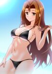  1girl bikini black_bikini blue_sky breasts brown_eyes brown_hair commission cowboy_shot engo_(aquawatery) gradient_sky hair_intakes hand_on_own_thigh highres holding holding_hair kawai_shizuka long_hair medium_breasts navel pixiv_commission sky solo sun swimsuit yu-gi-oh! 