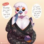  1:1 2022 absurd_res animal_crossing anthro avian beak blanche_(animal_crossing) clothed clothing dialogue digital_media_(artwork) english_text female gammainks hi_res looking_at_viewer nintendo open_beak open_mouth simple_background solo text video_games 