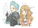  1boy 1girl armor collared_cape deqqqooon fire_emblem fire_emblem_fates green_eyes grey_hair hana_(fire_emblem) headband japanese_armor purple_eyes quiff samurai shoulder_armor silas_(fire_emblem) 