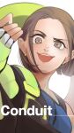  1girl apex_legends black_gloves blue_shirt brown_hair character_name conduit_(apex_legends) eb1hara electricity fingerless_gloves freckles gloves hair_behind_ear highres open_mouth portrait shirt short_hair simple_background smile solo twitter_username v-shaped_eyebrows white_background 