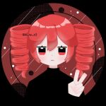  1girl black_shirt border closed_mouth drill_hair hair_between_eyes hand_up highres jitome kasane_teto limited_palette long_sleeves looking_at_viewer medium_hair neko_(am_me_m3) red_eyes red_hair red_theme round_border shirt solo straight-on twin_drills twitter_username upper_body utau v 