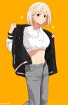  1girl ama_(ama_ekaku) black_jacket blonde_hair bob_cut chromatic_aberration closed_mouth collarbone commentary_request cropped_shirt film_grain grey_pants half_updo heart highres jacket light_blush looking_at_viewer lycoris_recoil midriff navel nishikigi_chisato pants red_eyes shirt short_hair solo twitter_username white_shirt yellow_background 