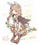  1girl animal_ears boots bow_(weapon) braid brown_capelet brown_eyes brown_footwear brown_hair capelet carrot commentary_request dress fake_animal_ears faye_(fire_emblem) fire_emblem fire_emblem_echoes:_shadows_of_valentia flower haconeri hair_flower hair_ornament holding holding_bow_(weapon) holding_weapon long_hair looking_at_viewer parted_lips rabbit_ears short_sleeves solo twin_braids weapon 