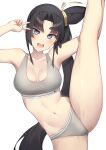  1girl :d alternate_costume black_hair blue_eyes blush breasts commentary_request fate/grand_order fate_(series) highres long_hair looking_at_viewer medium_breasts navel parted_bangs pinta_(ayashii_bochi) shiny_skin side_ponytail smile solo sports_bra sports_panties standing standing_on_one_leg teeth thighs upper_teeth_only ushiwakamaru_(fate) v very_long_hair white_background white_sports_bra 