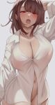  1girl absurdres breasts brown_hair cleavage collarbone collared_shirt commentary_request grey_background highres large_breasts long_sleeves looking_at_viewer medium_hair naked_shirt navel original ratsuku_kinoko red_eyes see-through see-through_shirt shirt simple_background sleepy solo thighs wavy_mouth white_shirt yawning 
