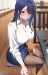  1girl 1other absurdres bar_(place) black_pantyhose blue_eyes blue_hair blue_skirt blush breasts chopsticks cleavage closed_mouth collarbone collared_shirt colored_inner_hair cup drink drunk highres holding holding_cup holding_drink ice ice_cube indoors large_breasts miniskirt mole mole_on_breast multicolored_hair office_lady original pantyhose pencil_skirt plate purple_hair shirt skirt solo_focus udon_(udonalium) white_shirt 
