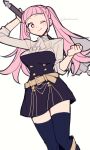  1girl ascot axe belt belt_buckle black_thighhighs blush breasts buckle buttons commentary do_m_kaeru fire_emblem fire_emblem:_three_houses garreg_mach_monastery_uniform hilda_valentine_goneril holding holding_axe holding_weapon long_hair medium_breasts one_eye_closed pink_eyes pink_hair simple_background sleeves_rolled_up solo thighhighs twintails twitter_username uniform weapon white_ascot white_background yellow_belt 