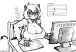 2023 big_breasts bodily_fluids body_slider breasts cleavage clothed clothing computer computer_monitor computer_mouse concentration demon demon_humanoid electronics female focused gaming glubtastic helltaker hi_res horn horned_humanoid huge_breasts humanoid malina_(helltaker) monochrome nipple_outline playing_videogame signature solo sound_effects sweat text topwear