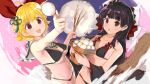  2girls :d :o ahoge bare_arms bikini black_bikini black_eyes black_hair blonde_hair blush bow breasts brown_eyes capelet character_request cleavage cowboy_shot dango detached_sleeves dutch_angle escalation_heroines food full_moon hair_bow hair_ornament holding holding_food long_hair looking_at_viewer medium_breasts moon multicolored_background multiple_girls navel open_mouth red_bow red_ribbon ribbon sailor_collar short_hair sideboob smile standing swimsuit tassel thick_eyebrows tsukimi_dango underboob upper_body wagashi wheat white_capelet wide_sleeves yaegashi_nan 