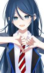  1girl :d blazer blue_eyes blue_hair blue_jacket collared_shirt dot_nose hair_between_eyes hands_up heart heart_hands highres hoshino_ichika_(project_sekai) jacket long_hair looking_at_viewer necktie open_clothes open_jacket open_mouth project_sekai red_necktie ritzchrono school_uniform shirt sidelocks simple_background smile solo straight_hair upper_body white_background white_shirt 