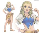  1girl blonde_hair blue_eyes breasts commentary facial_mark full_body gofelem jessica_de_alkirk jewelry long_hair looking_at_viewer lunar:_the_silver_star navel necklace open_mouth pointy_ears sandals simple_background smile solo white_background 