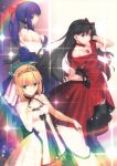 3girls absurdres ahoge artoria_pendragon_(fate) black_bow black_hair blonde_hair blue_eyes bow braid collar crown dress elbow_gloves fate/stay_night fate_(series) french_braid gloves gradient_background green_bow green_eyes hair_bow hand_on_own_chest hand_on_own_hip highres jewelry long_hair looking_at_viewer looking_to_the_side matou_sakura multiple_girls necklace parted_bangs ponytail purple_bow purple_collar purple_dress purple_eyes purple_hair red_bow red_collar red_dress saber_(fate) sidelocks smile sparkle strapless strapless_dress takeuchi_takashi tohsaka_rin veil white_dress white_gloves white_veil 