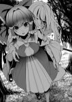  2girls angry ascot blood blood_on_face bow carrying commentary detached_sleeves frilled_bow frilled_hair_tubes frills gohei greyscale hair_bow hair_tubes hakurei_reimu highres holding holding_gohei kirisame_marisa long_hair monochrome multiple_girls no_headwear nodoguro_(phi-tan) open_mouth outdoors shoulder_carry speech_bubble tears touhou translated tree 