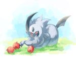  absol animal_focus apple blue_sky bright_pupils claws commentary_request food forehead_jewel fruit highres horns no_humans ohayou_milk on_grass pokemon pokemon_(creature) red_eyes single_horn sitting sky tail white_fur white_pupils 
