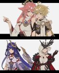  1boy 3girls aether_(genshin_impact) ahoge animal_ears bare_shoulders blonde_hair blue_eyes capelet closed_mouth earrings fake_horns fur-trimmed_capelet fur_trim genshin_impact hair_between_eyes hair_down hair_ornament hand_on_another&#039;s_shoulder hand_up highres horns japanese_clothes jewelry joints long_hair looking_at_viewer mitsudomoe_(shape) multiple_girls one_eye_covered open_mouth pendant pink_hair pointing purple_eyes purple_hair raiden_shogun raiden_shogun_(magatsu_mitake_narukami_no_mikoto) robot_joints signora_(genshin_impact) simple_background single_earring standing sweatdrop tomoe_(symbol) yae_miko yellow_eyes yuyouxing 